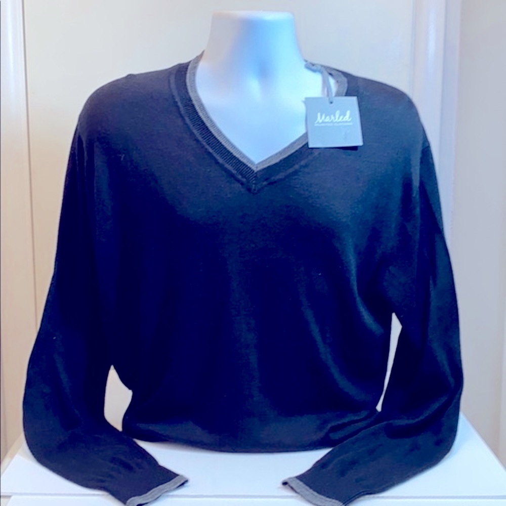 Marled Black V-Neck Cotton/Viscose Stretch Sweater MED NWT - Picture 3 of 10